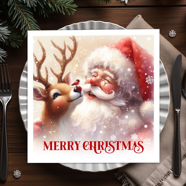 Serviette En Papier Serviettes de table Joyeux Noël Santa Rudolph (Happy Santa Rudolph Holiday Table Napkins)