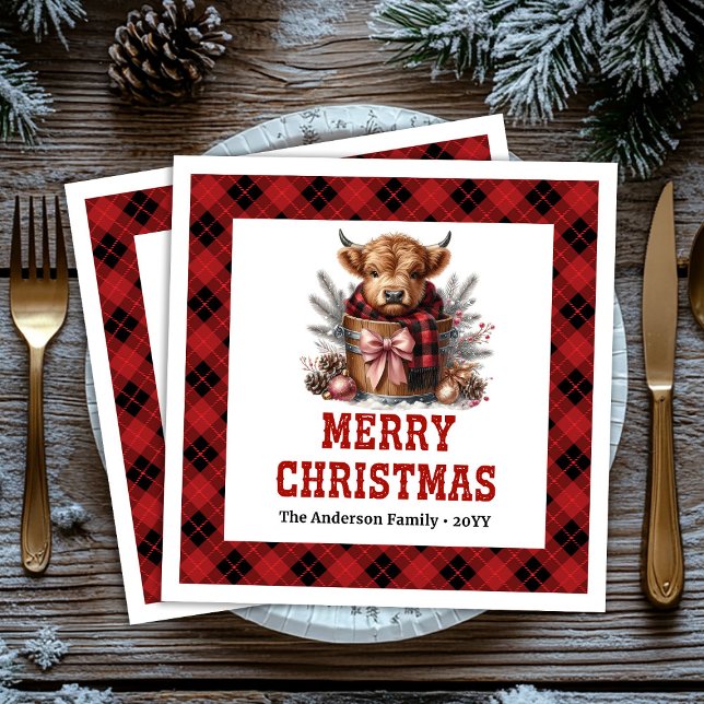 Serviette En Papier Serviettes de vacances vache highland rustique pla (Rustic highland cow holiday napkins buffalo plaid festive

)