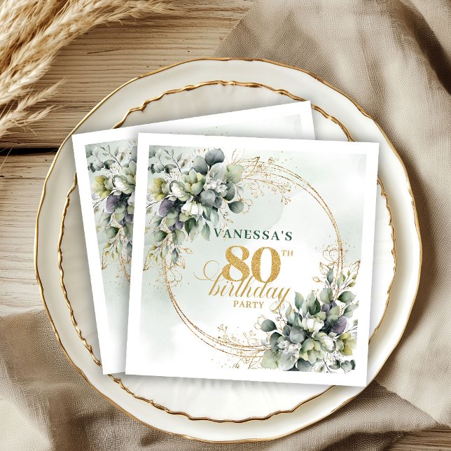 Serviette En Papier Serviettes Dusty Green Boho Eucalyptus pour 80e an (Elegant Dusty Green Gold Eucalyptus 80th Birthday Napkins)