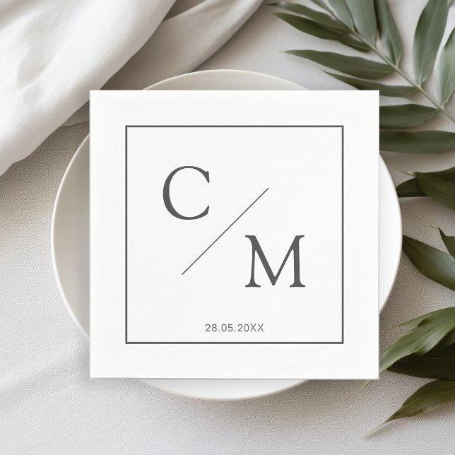 Serviette En Papier Serviettes élégantes monogramme blanc gris (Créateur téléchargé)