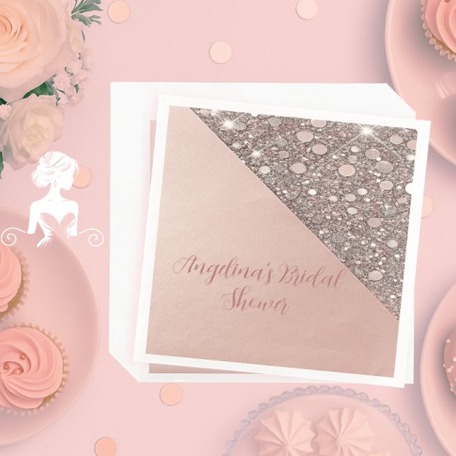 Serviette En Papier Serviettes élégantes rose gold pour douche de mari (Elegant rose gold bridal shower napkin with foil, glitter accents, and custom name and event text.)