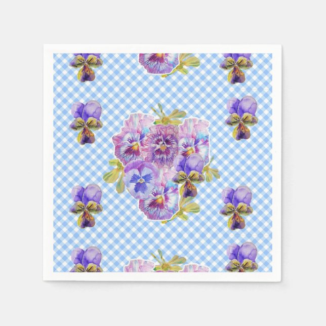 Serviette En Papier Serviettes en gingham bleu shabby chic floral (Devant)