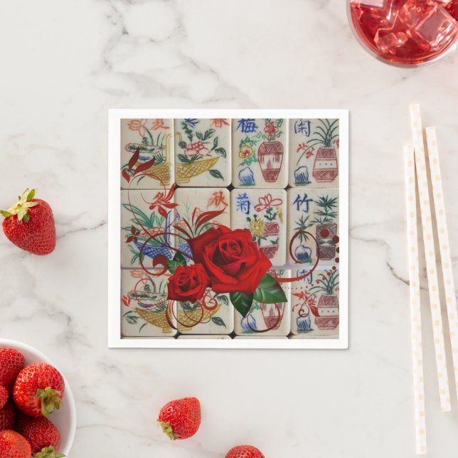 Serviette En Papier Serviettes en papier, serviettes Mahjong Rose roug (En situation)