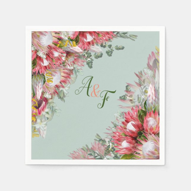 Serviette En Papier Serviettes Feuilles Fuchsia Protea's & Sage Green (Devant)