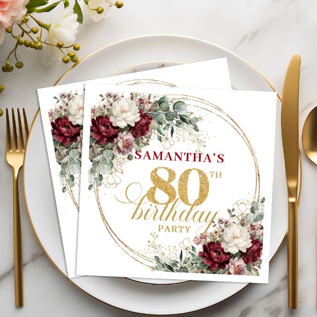 Serviette En Papier Serviettes Fleuries Rouge Profond Premium pour 80è (Premium Deep Red Floral 80th Birthday Napkins)