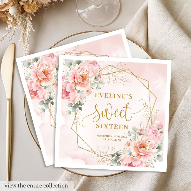 Serviette En Papier Serviettes Fleurs de Papier Rose Pastel Doré Éléga (Glamorous Pastel Pink Gold Floral Sweet 16 Napkins)