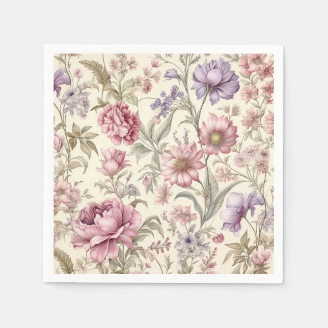 Serviette En Papier Serviettes Fleurs Roses Violettes Vintage (Devant)