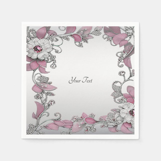 Serviette En Papier Serviettes florales blanches en argent rose (Devant)