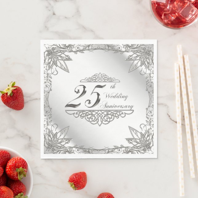 Serviette En Papier Serviettes Flourish Silver pour les 25 ans de mari (En situation)