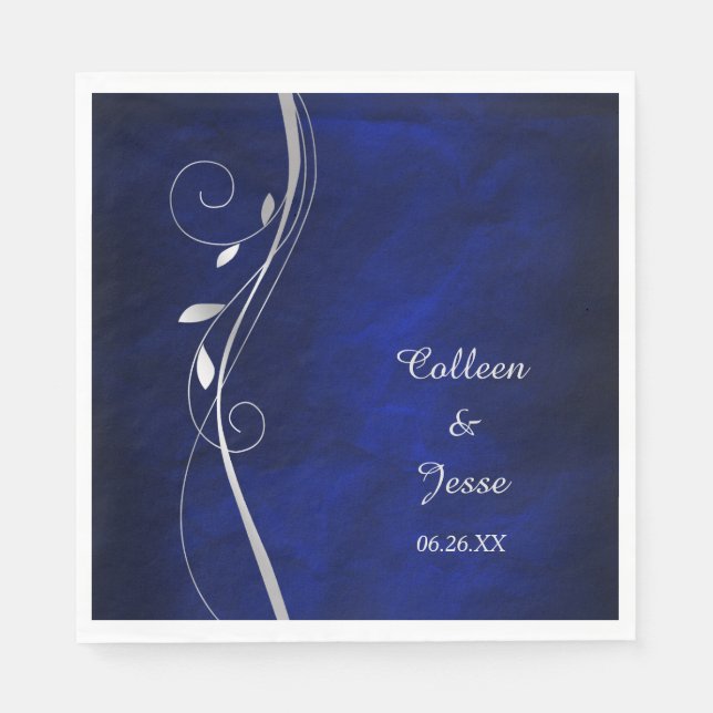 Serviette En Papier Serviettes Mariage bleu feuille argent (Devant)