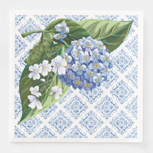 Serviette En Papier Serviettes Mariage Hydrangeas Carreau Bleu (Devant)