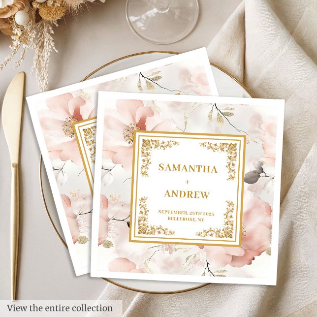Serviette En Papier Serviettes mariages classiques en or rose roux (Classic dusty pink gold floral wedding napkins)