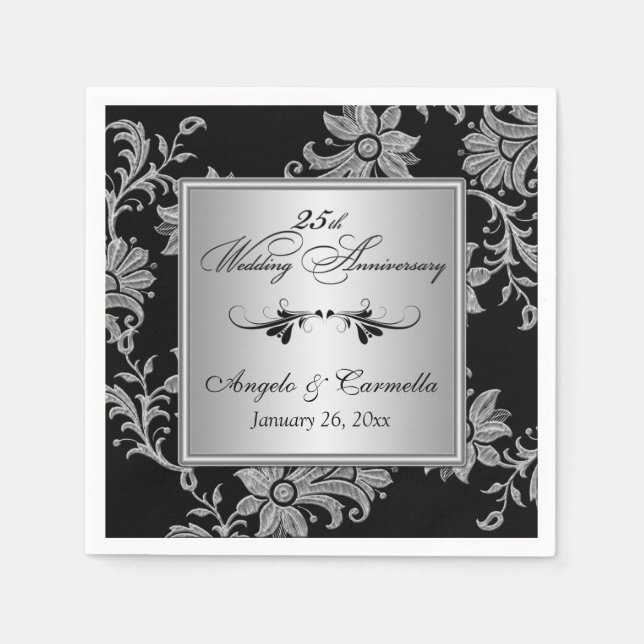 Serviette En Papier Serviettes noires, 25e anniversaire de Mariage en  (Devant)