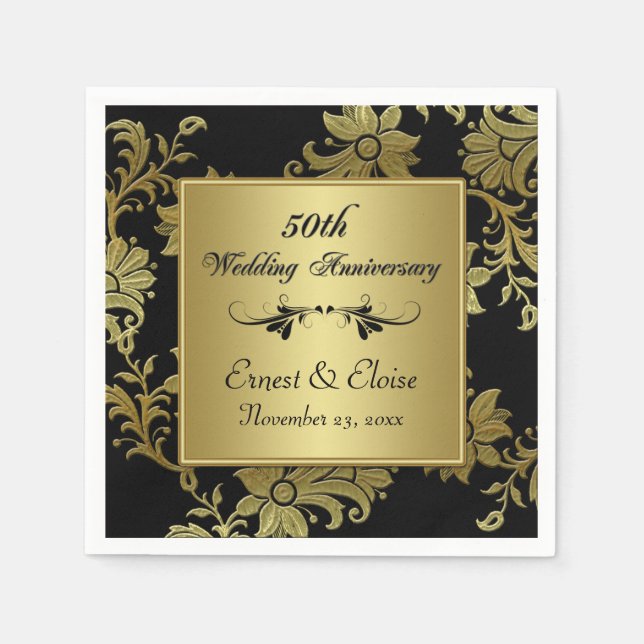 Serviette En Papier Serviettes noires, Gold 50e anniversaire Mariage (Devant)