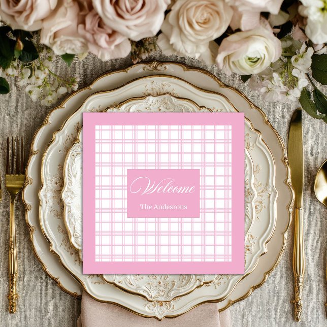 Serviette En Papier Serviettes Plaid Personnalisées Charme rose classi (Personalized Plaid Napkins Classic Pink Charm)