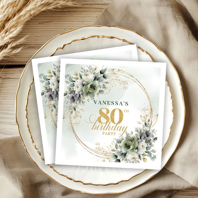 Serviette En Papier Serviettes pour 80e anniversaire au feuillage vert (Graceful Dusty Green Foliage 80th Birthday Napkins)