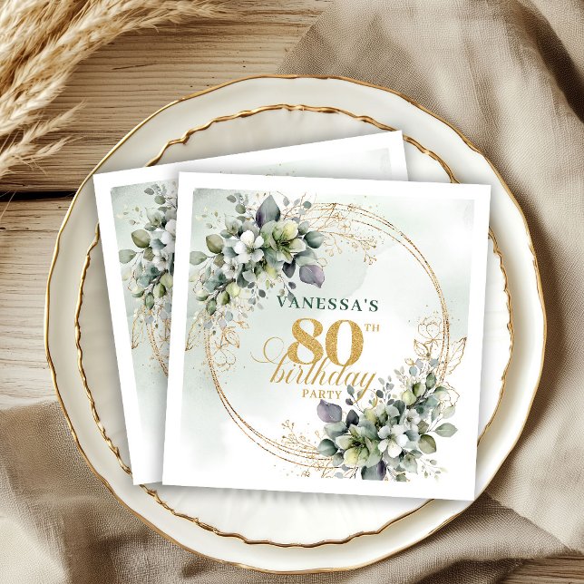 Serviette En Papier Serviettes pour 80e anniversaire Boho Dusty Green  (Boho Dusty Green Botanical 80th Birthday Napkins)