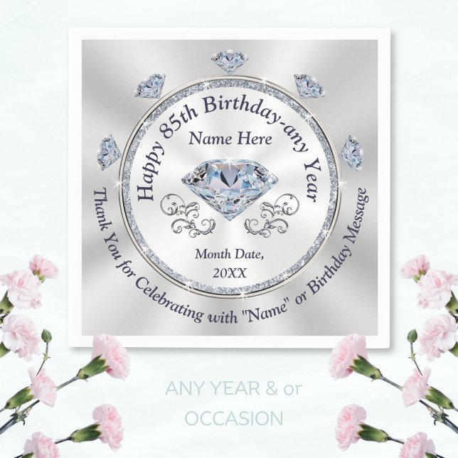 Serviette En Papier Serviettes pour 85e anniversaire à thème diamant é (85th birthday napkins. Custom, 85th birthday plates and napkins. 85th birthday table decorations.)