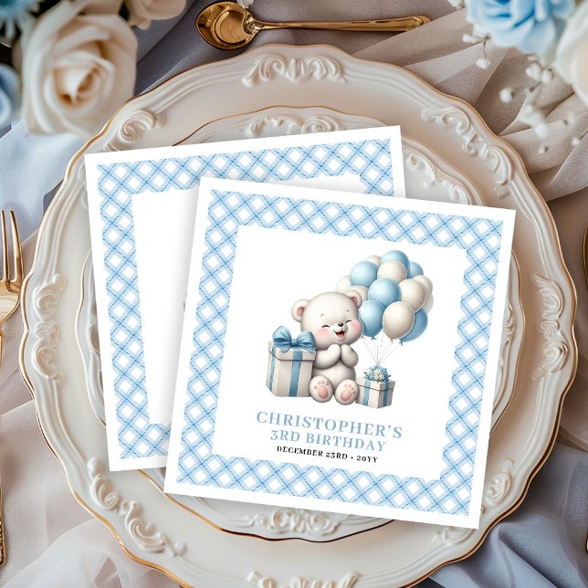 Serviette En Papier Serviettes pour anniversaire de garçon thème ours  (Cool Boy Birthday Napkins Teddy Bear Balloon Theme)