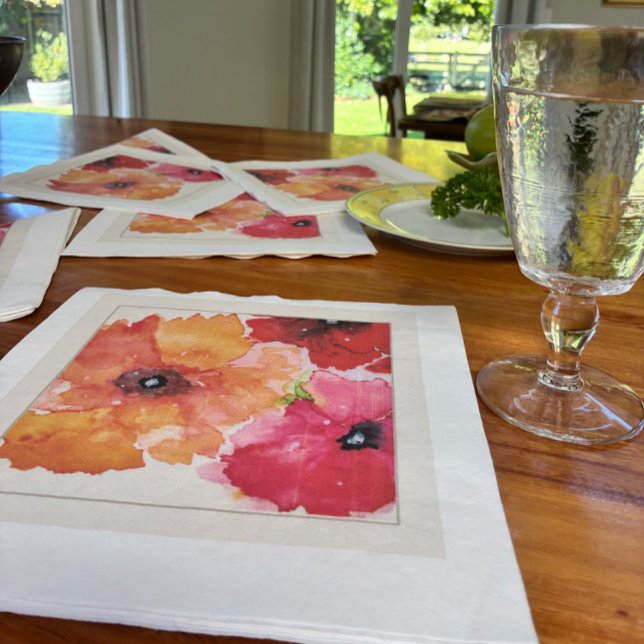 Serviette En Papier Serviettes pour cocktails en aquarelle florale | F (Bright watercolor poppy napkin for stylish entertaining and garden-party tables.)