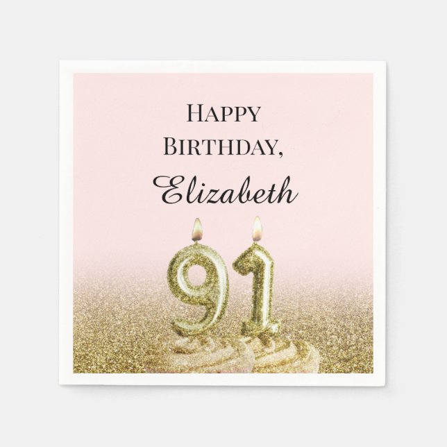 Serviette En Papier Serviettes rose et or pour 91e anniversaire (Devant)