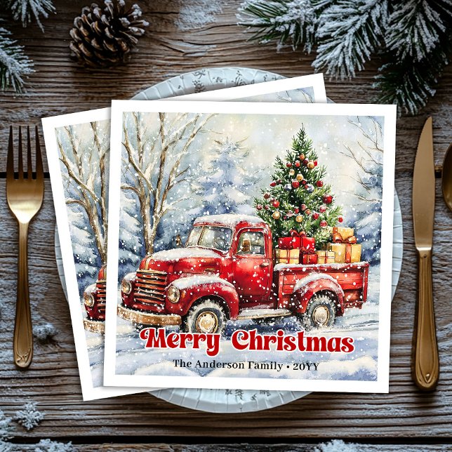 Serviette En Papier Serviettes rustiques de Noël avec scène de camion  (Minimal red truck Christmas scene rustic napkins)