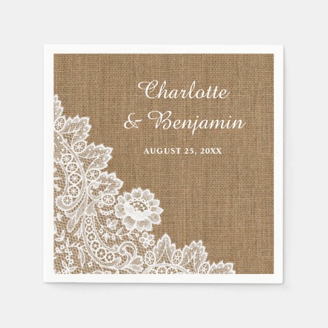 Serviette En Papier Serviettes Rustiques Mariage Burlap et dentelle (Devant)