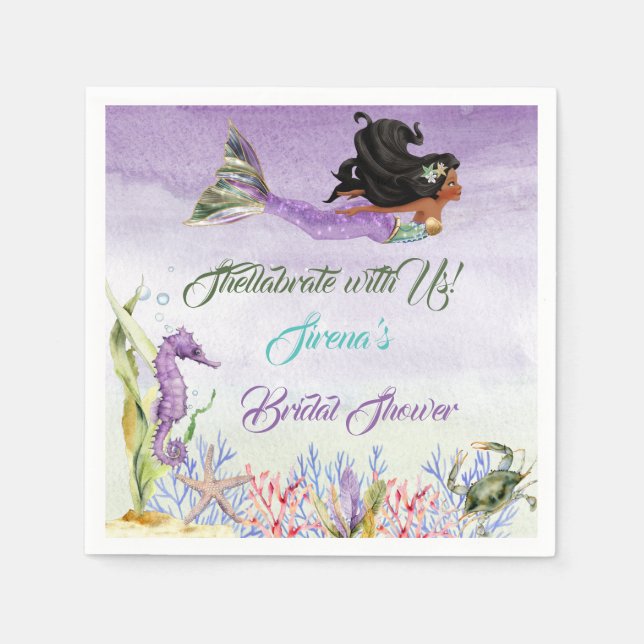 Serviette En Papier Serviettes Sirène Violet Vert Or Hippocampe Crabe (Devant)
