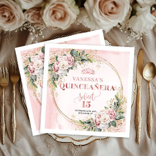 Serviette En Papier Serviettes Sweet 15 avec accents de verdure en or 