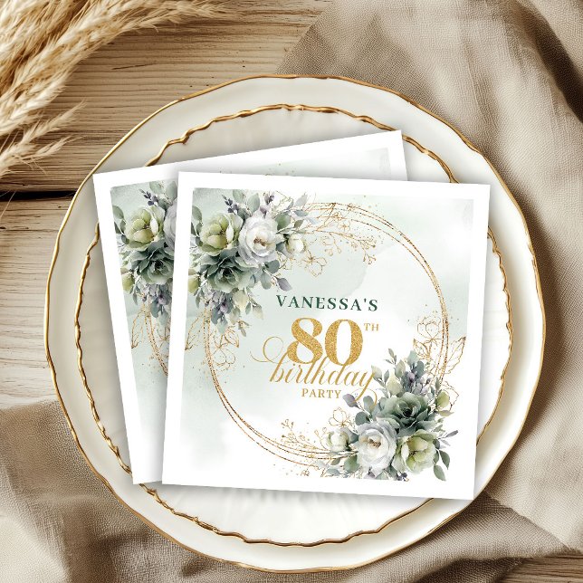Serviette En Papier Serviettes vert chic et or pour 80e anniversaire (Chic Green and Gold 80th Birthday Party Napkins)