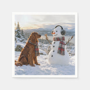 Serviette En Papier Setter Irlandais regardant un bonhomme de neige te
