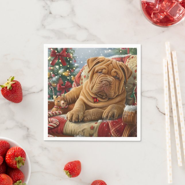 Serviette En Papier Shar Pei Chien Festif de Noël (En situation)