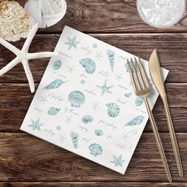 Serviette En Papier Shells Starfish Sun Fun Texte Turquoise ID918 (Créateur téléchargé)