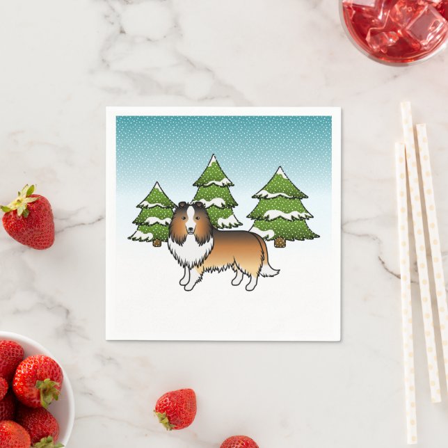 Serviette En Papier Shetland Sheepdog Sable Dans Une Forêt D'Hiver (En situation)