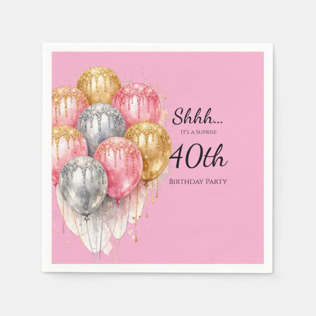 Serviette En Papier Shhh Surprise Pink Silver and Gold Birthday Party (Devant)