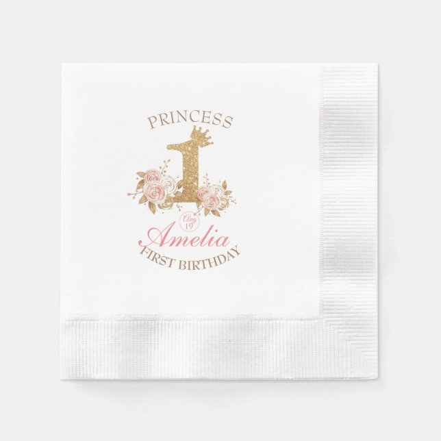 Serviette En Papier Shine Pink Gold Crown Princesse 1er anniversaire (Devant)