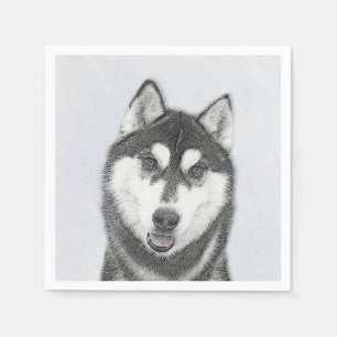 Serviette En Papier Sibérie Husky (noir et blanc) Peinture Chien Art