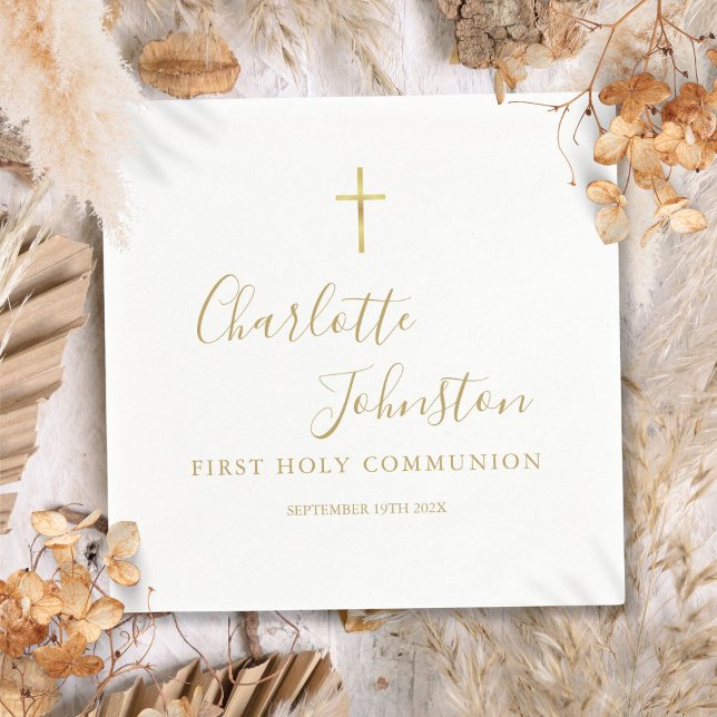 Serviette En Papier Signature dorée moderne Première communion sainte (Modern Golden Signature First Holy Communion Napkins)
