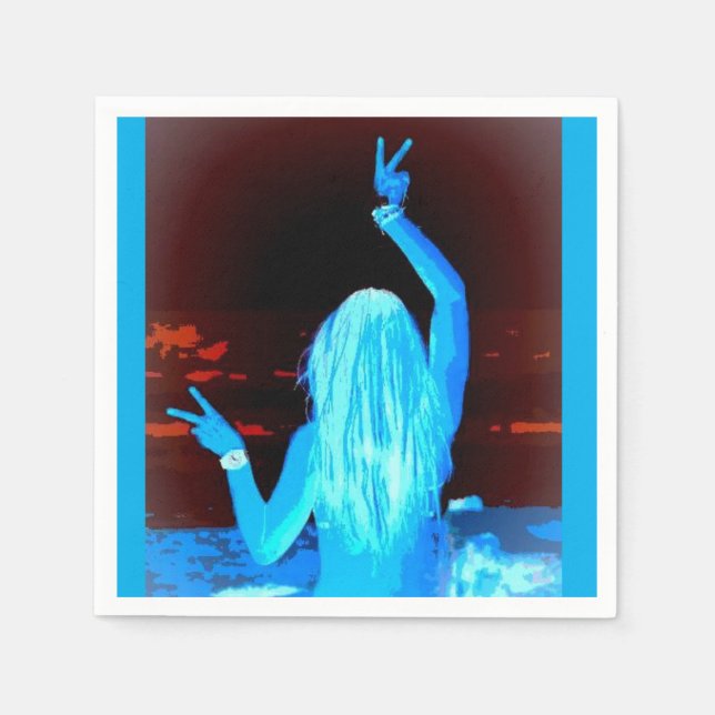 Serviette En Papier signe de paix agitant la fille hippie bleue (Devant)