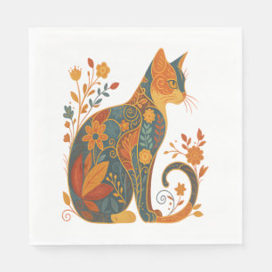 Serviette En Papier Silhouette de chat floral - Coloré Vintage Botaniq