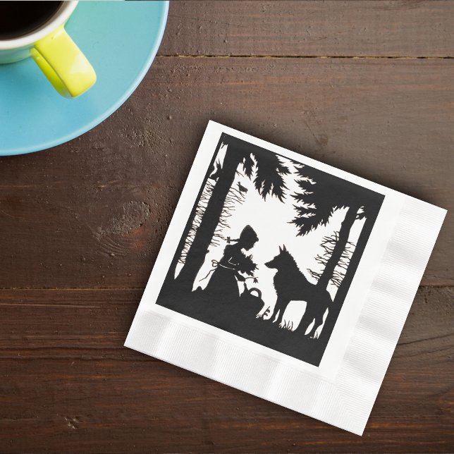 Serviette En Papier Silhouette Noire Rouge Hood Wolf Woods (Black white silhouett Little Red Riding hood and wolf in woods on napkins.)