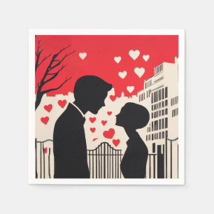 Serviette En Papier Silhouette romantique Couple Coeurs Cityscape