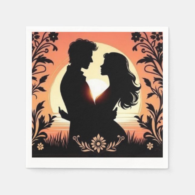 Serviette En Papier Silhouette romantique : Embrassage Lune des amoure (Devant)