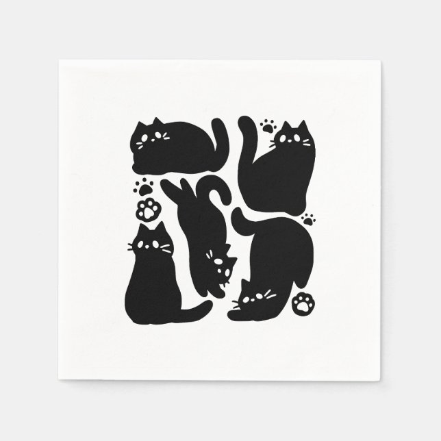Serviette En Papier Silhouettes de chat noir - Design Feline mignon (Devant)