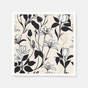 Serviette En Papier Silhouettes florales élégantes Blanc et Noir