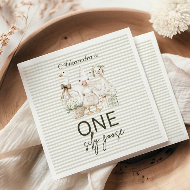 Serviette En Papier Silly Goose 1st Birthday Green Stripes  (Créateur téléchargé)