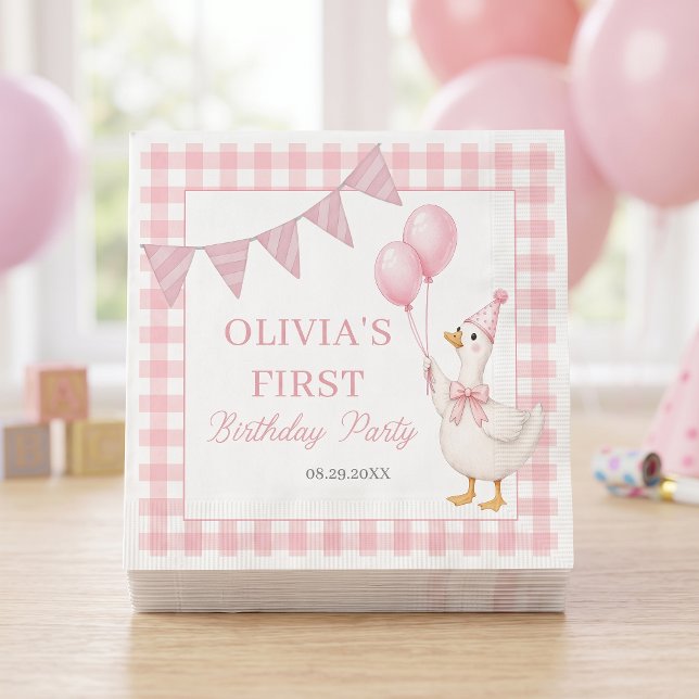 Serviette En Papier Silly Goose Anniversaire Fille Gingham Rose (Créateur téléchargé)