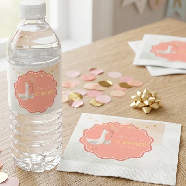 Serviette En Papier Silly Goose First Birthday Water Bottle Label (Créateur téléchargé)