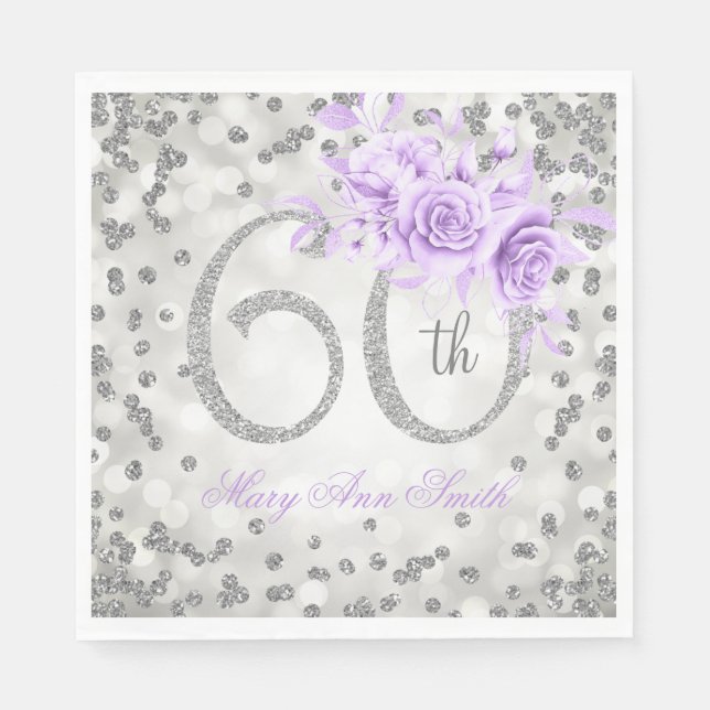 Serviette En Papier Silver 60e anniversaire flamme florale éclat viole (Devant)