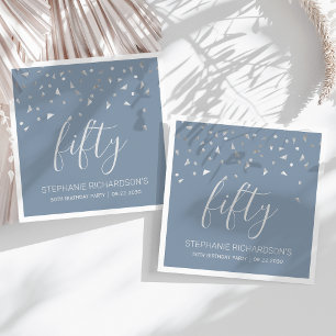 Serviette En Papier Silver Confetti Dusty Blue 50e fête d'anniversaire